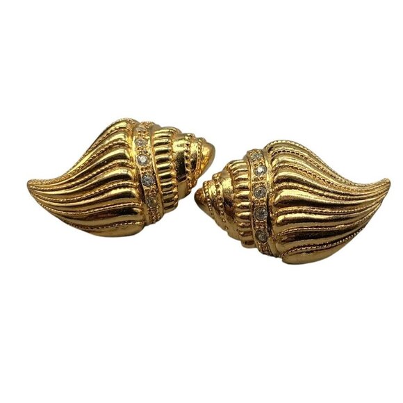 KjL Conch Shell Post Earrings Gold Tone For Avon Rhinestones Vintage 1980s - Picture 1 of 15